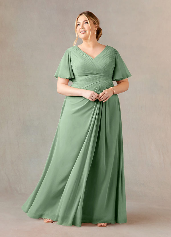Azazie Morning Glory Mother of the Brides Dresses Matcha A-Line V-Neck Ruched Chiffon Dress image1