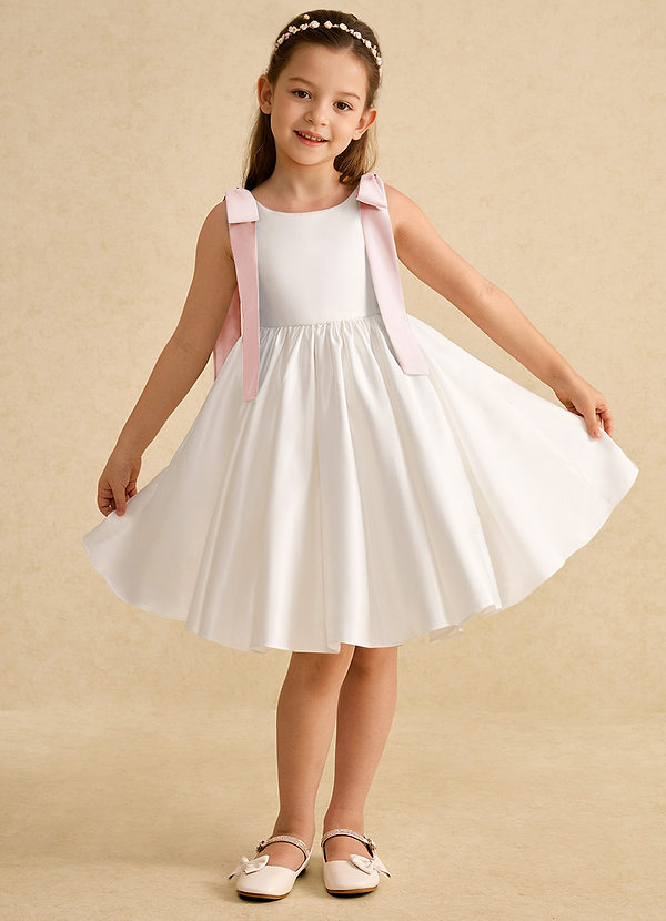 Azazie Stacie Flower Girl Dresses Ivory Blushing Pink A-Line Bow Matte Satin Dress image1