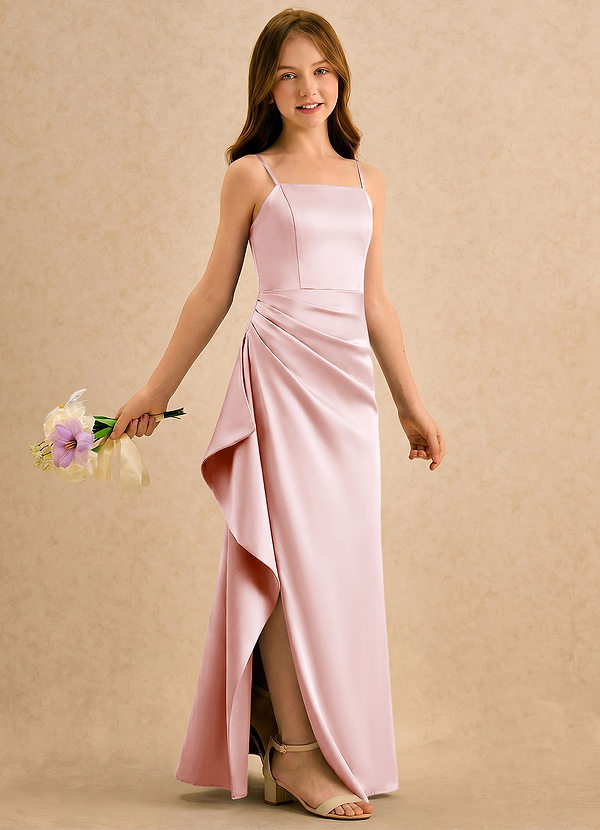 Azazie Cannoli Girls Formal Sukienki dla dziewczynek sypiących kwiaty Linia A Pofałdowany Satyna elastyczna Długość podłogi Sukienka image1