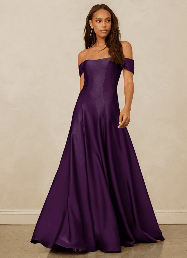 Christian Siriano Bridal for Azazie 1002 Bridesmaid Dresses Grape A-Line Off the Shoulder Stretch Satin Convertible Dress image1