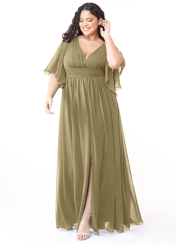 Azazie Temeka Robes Demoiselle d'honneur Robe Trapèze en Mousseline de soie Rayé Vert Mousse image1