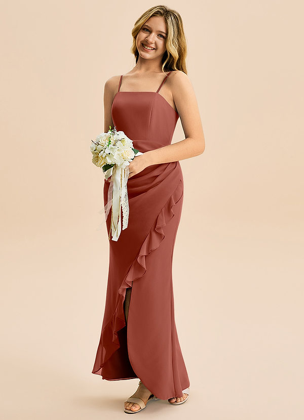 Azazie Buzzy Junior Auburn Sheath Pleated Chiffon Dress image1