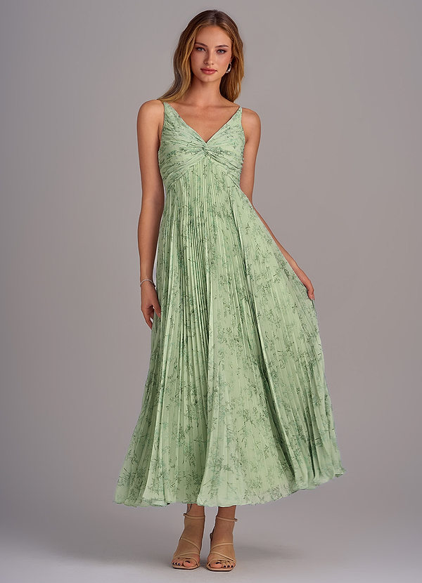 Azazie Raychelle Vestidos Dama de Honor Vestido de Floral Helecho Verde de Gasa de Corte en A con Cuello en V image1