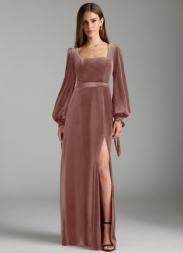 Azazie Leonia Bridesmaid Dresses Rustic Rose A-Line Long Sleeve Velvet Dress image1