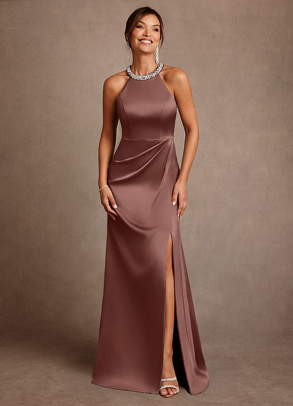 Azazie Lawrence Mother of the Brides Dresses Espresso A-Line Pleated Stretch Satin Dress image1