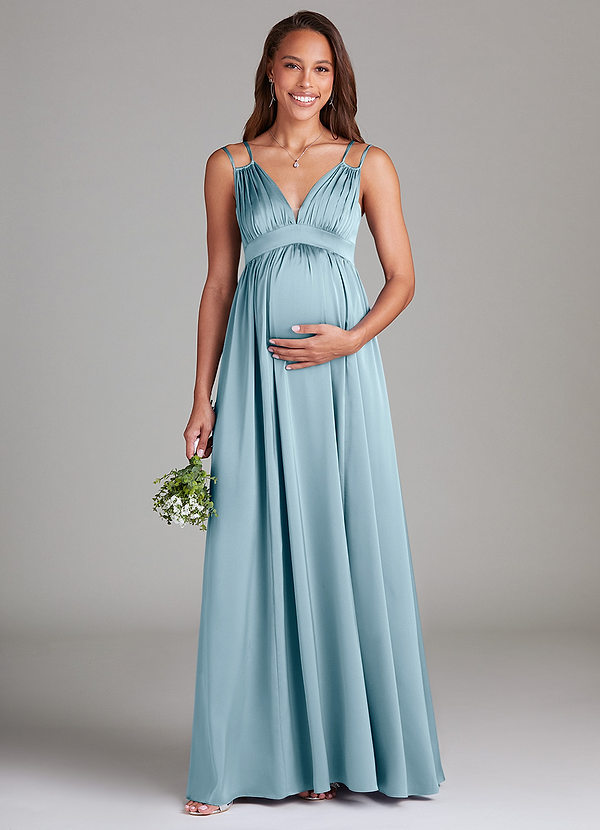 Azazie Emree Maternity Bridesmaid Dresses A-Line Stretch Satin Floor-Length Dress with Pockets image1