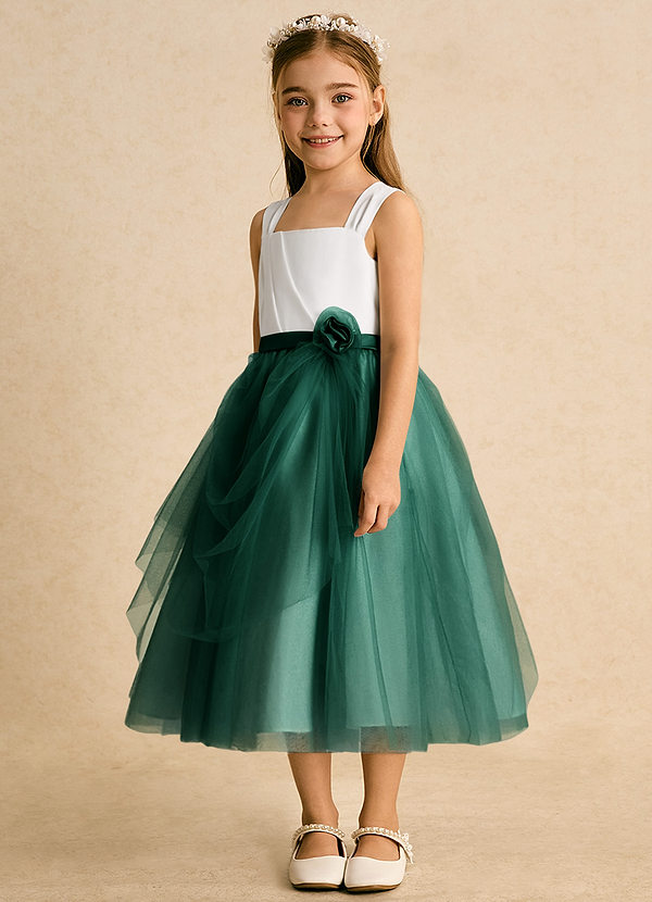 Azazie Bonny Flower Girl Dresses Ivory Emerald Ball-Gown Pleated Tulle Dress image1