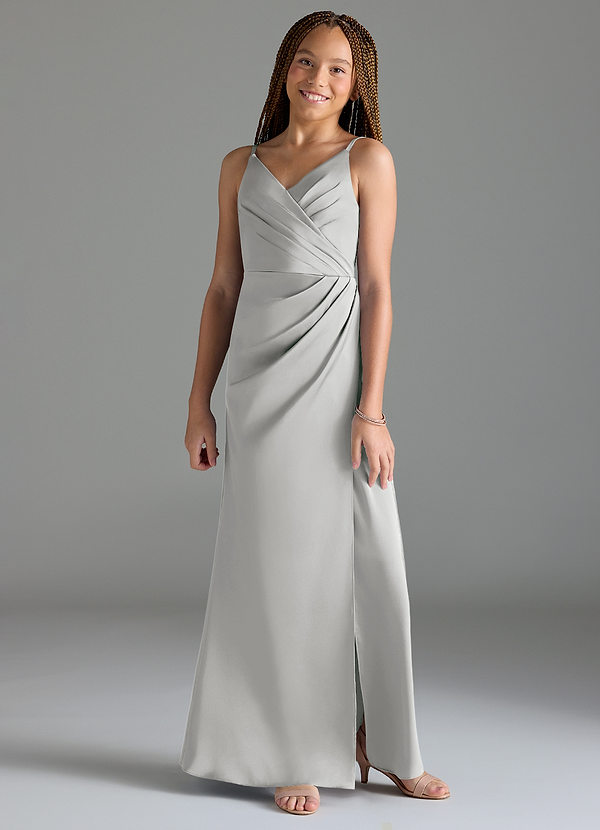 Azazie Maci Junior Silver Mermaid Pleated Stretch Satin Dress image1