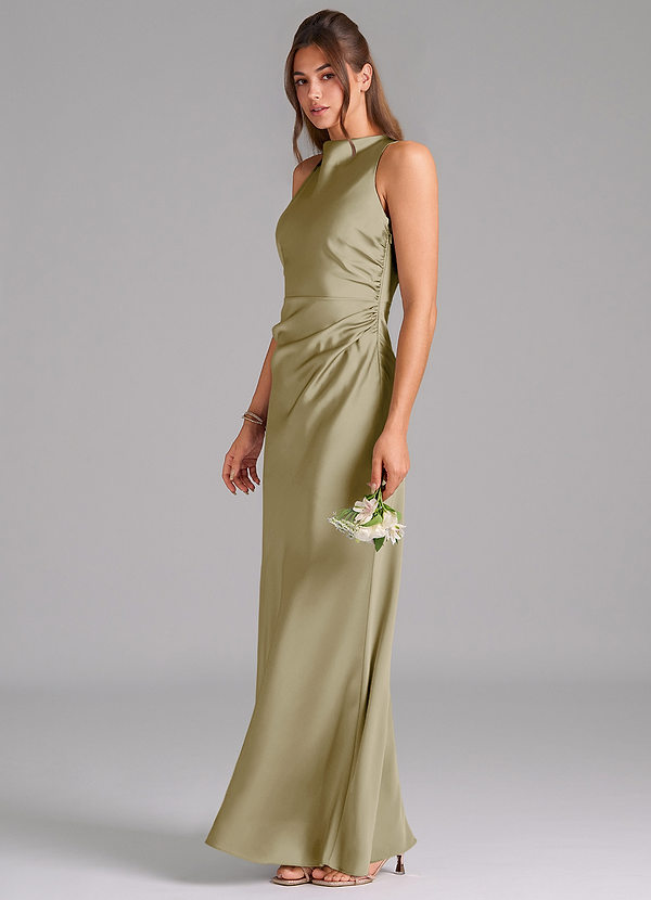 Azazie Evadne Bridesmaid Dresses Moss Green Sheath Pleated Stretch Satin Dress image1
