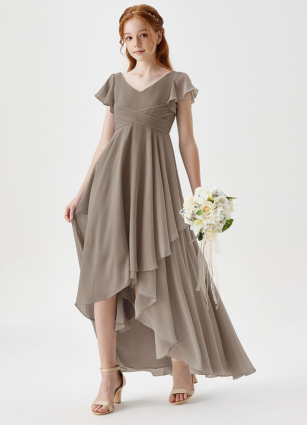 Azazie Caria Junior Taupe A-Line Pleated Chiffon Dress image1