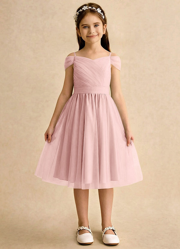 Azazie Lila Girls Formal Robes de Fillette d'Honneur Robe Trapèze en Tulle Épaule décolletée Rose Poudré image1