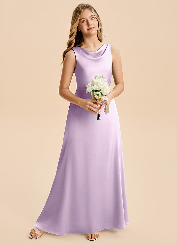 Azazie Kiki Junior Frosted Lilac A-Line Bow Stretch Satin Dress image1