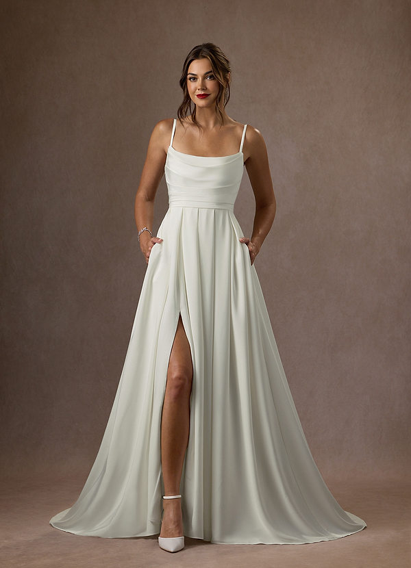Azazie Caymus Wedding Dresses Cream A-Line Scoop Pleated Crepe Back Satin Dress image1