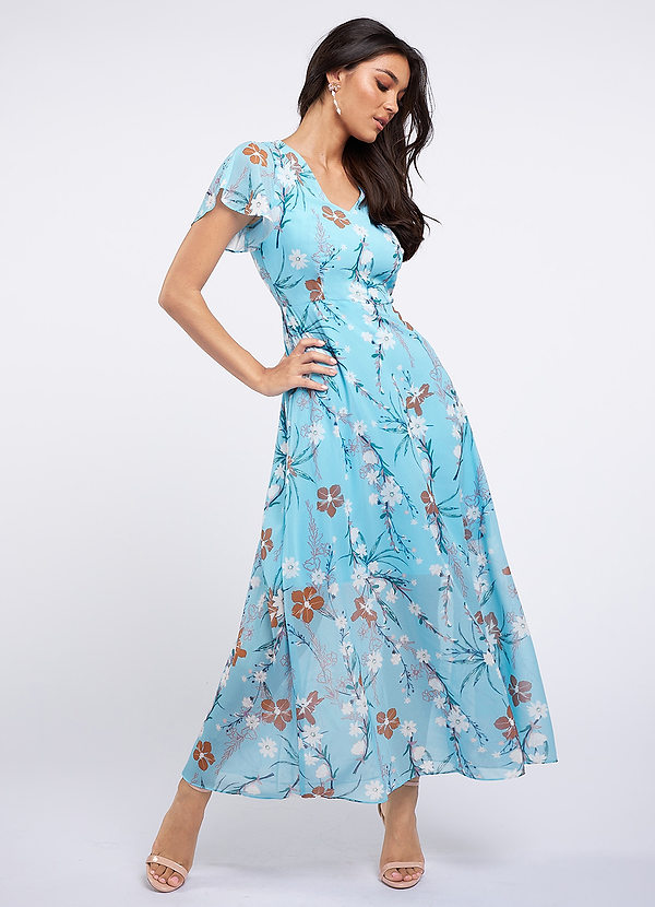 Blue Everton Blue Floral Print Flutter Sleeve Midi Dress | Azazie