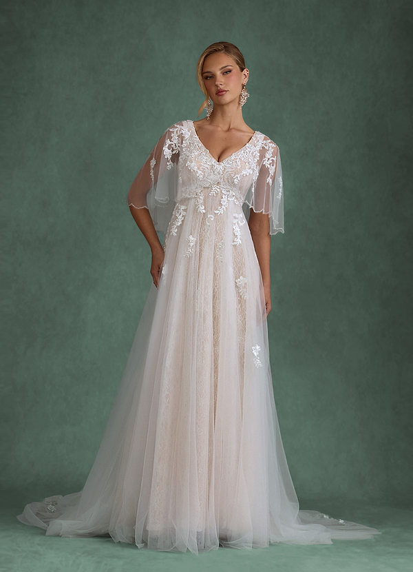 Azazie Renesmee Abiti da Sposa Abito A-Line in Tulle Paillettes Bianco Diamante Champagne image1