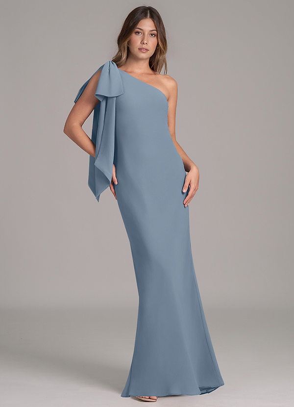 Azazie Capri Bridesmaid Dresses Dusty Blue A-Line One Shoulder Chiffon Dress image1
