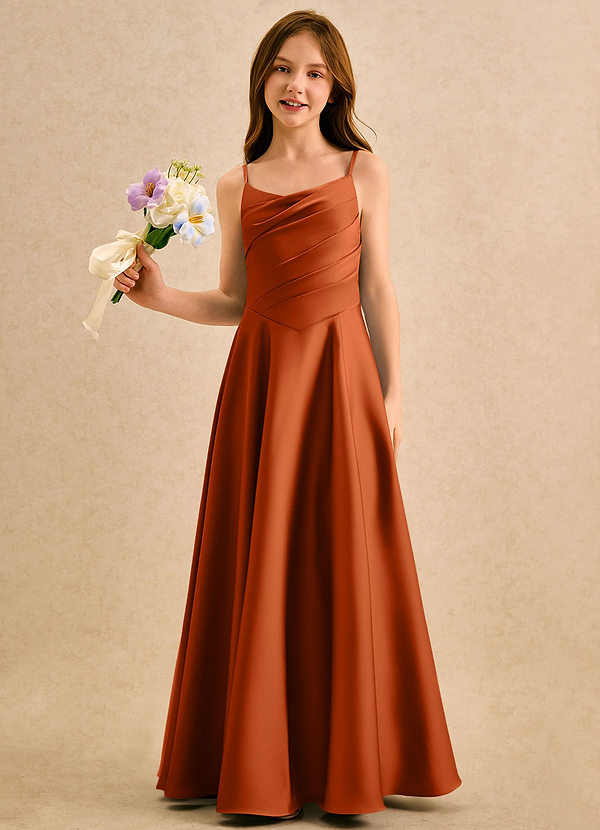 Azazie Coconut Girls Formal Blumenkinder Kleider A-Linie Plissee Stretch-Satin Kleid Gebranntes Orange image1