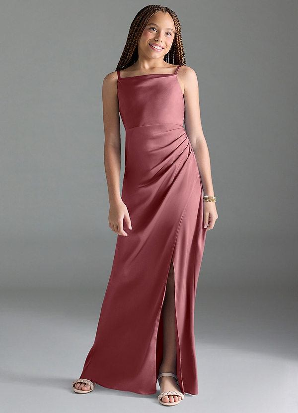 Azazie Leonis Junior Desert Rose A-Line Pleated Stretch Satin Dress image1