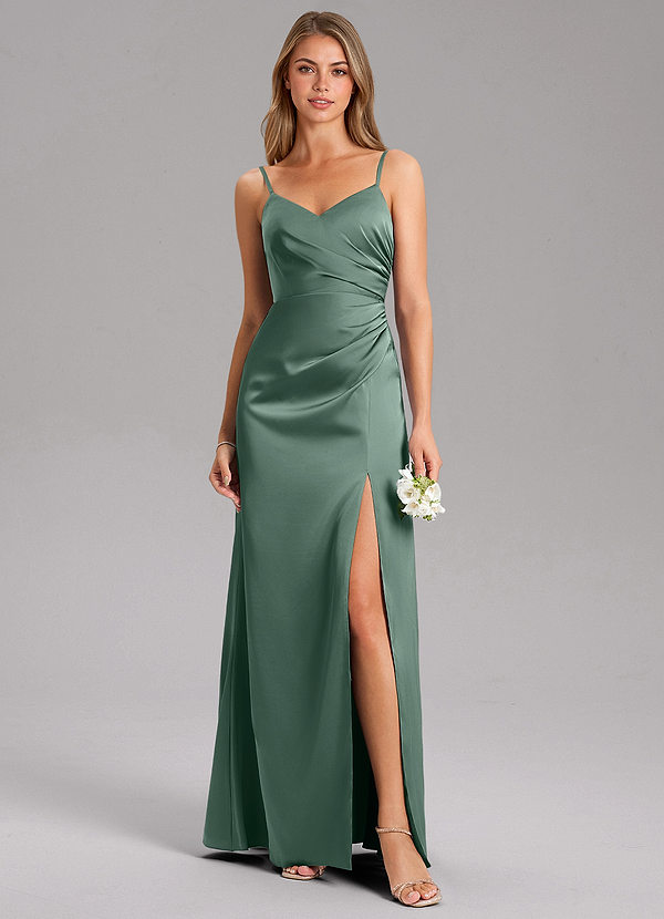 Azazie Azuree Bridesmaid Dresses Eucalyptus A-Line Pleated Stretch Satin Dress image1