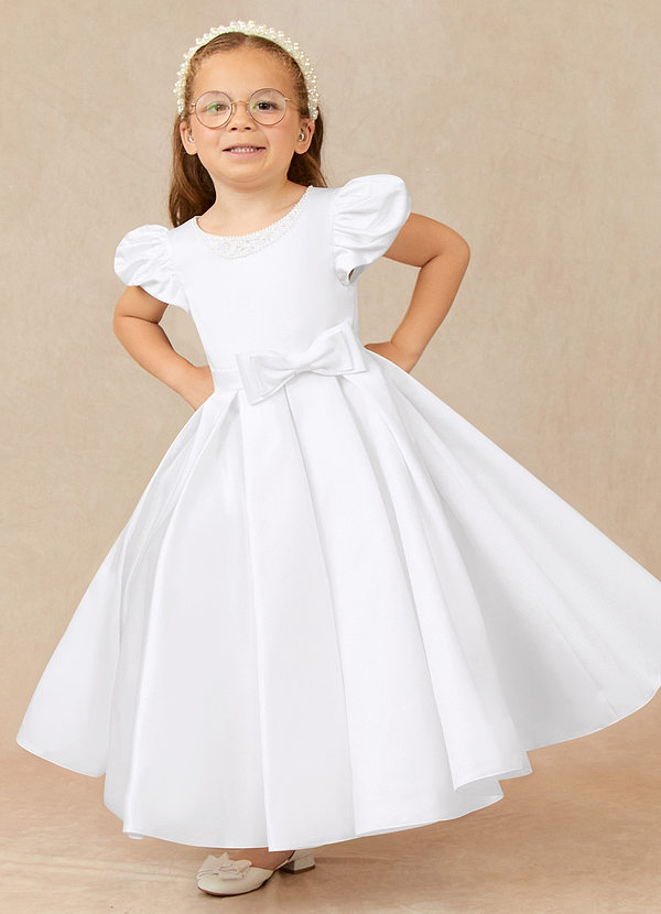Azazie Jewel Flower Girl Dresses White Ball-Gown Pleated Matte Satin Dress image1