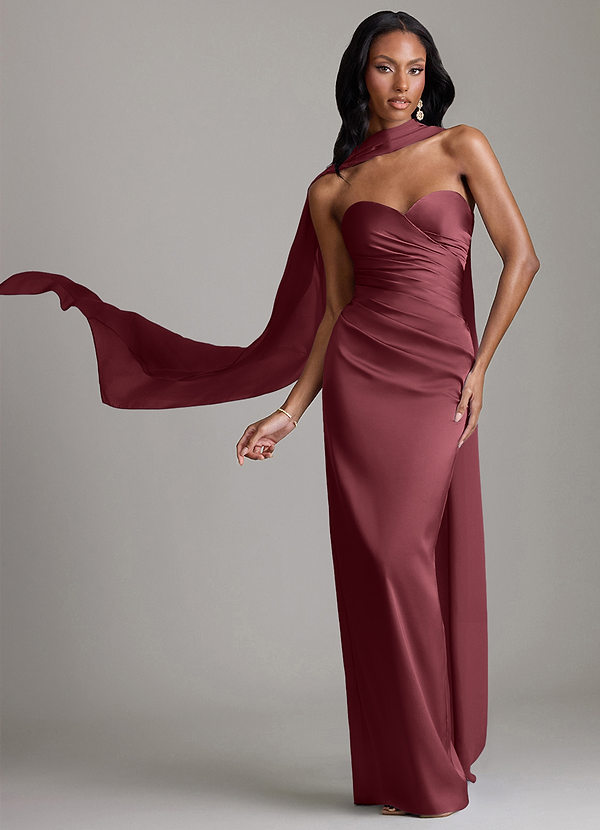Azazie Sonora Vestidos Dama de Honor Vestido de Merlot de Satén Elástico de Corte Recto con Sin tirantes image1