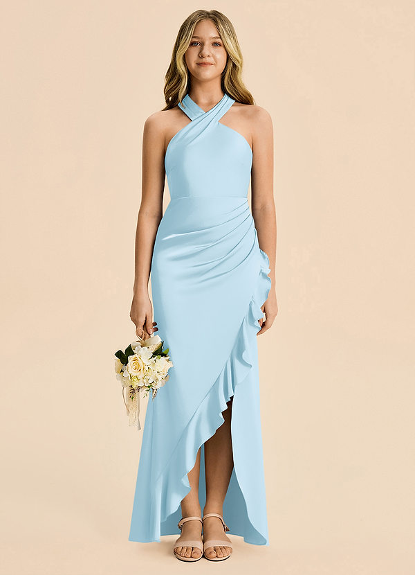 Azazie Thea Junior Sky Blue Sheath Ruched Stretch Satin Dress image1