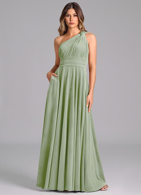 Azazie Charlize Robes Demoiselle d'honneur Robe Trapèze en velours Ue épaule Vert Sauge image1
