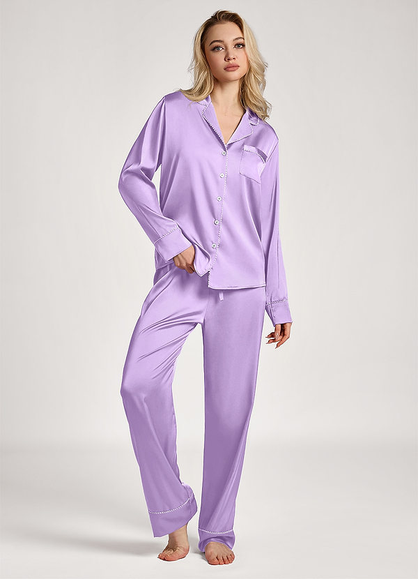 front Lilac Satin Lurex Trim Long Sleeve Pajama Set