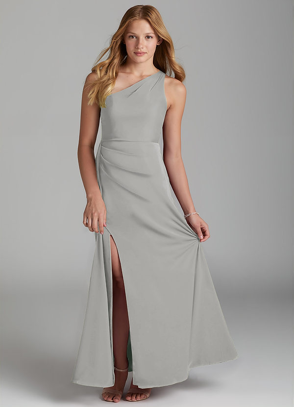 Azazie Maron Junior Vestido de Plata de Satén Elástico de Corte En A con Plisado image1