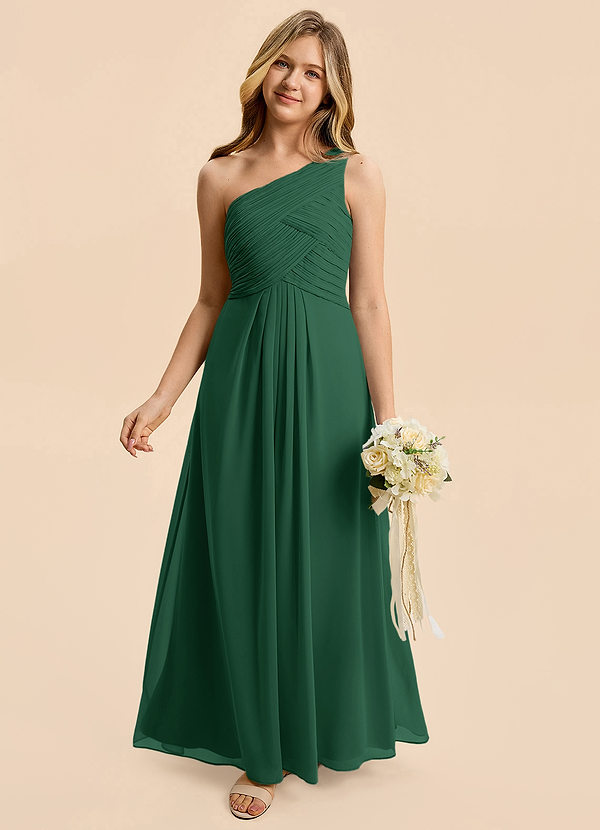Azazie Emmie Junior Dark Green A-Line Pleated Chiffon Dress image1