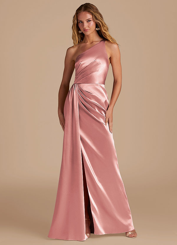 Azazie Mika Bridesmaid Dresses Dusty Rose Sheath One Shoulder Metallic Satin Dress image1
