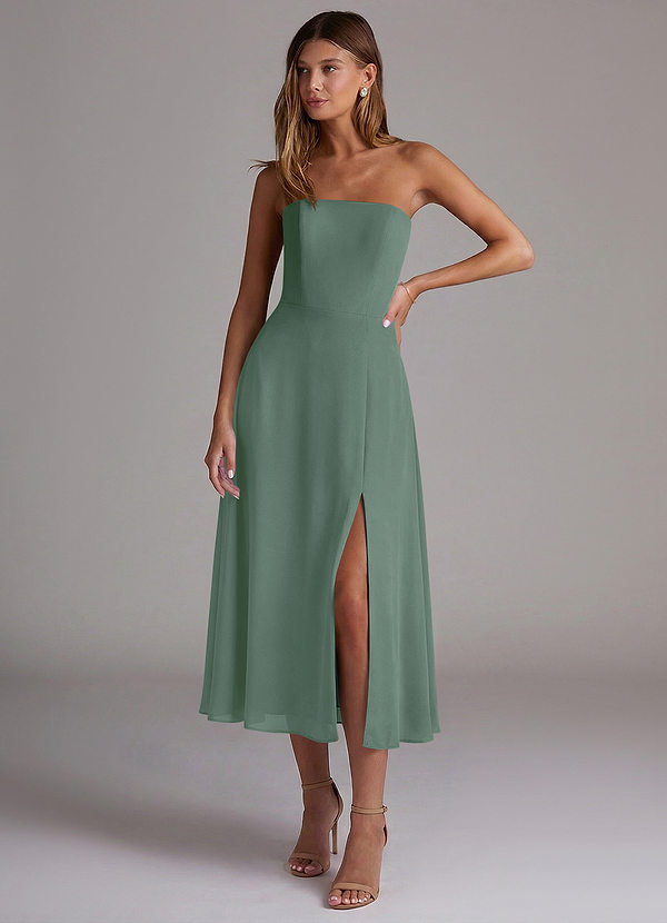 Azazie Wren 신부 들러리 드레스 A라인 스트랩리스 쉬폰 티 길이 드레스 image1