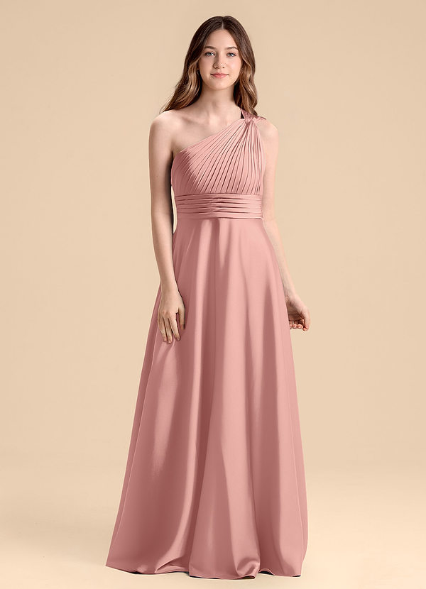 Azazie Charlize Junior Abito A-Line in Raso Elasticizzato Plissettato Rosetta image1