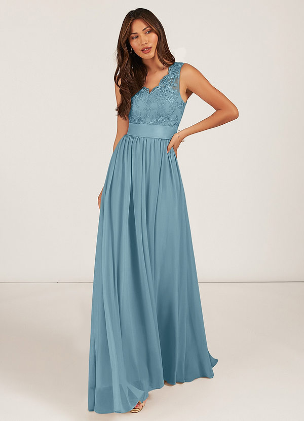 Azazie Gertrude Bridesmaid Dresses Moody Blue A-Line Lace Chiffon Dress image1