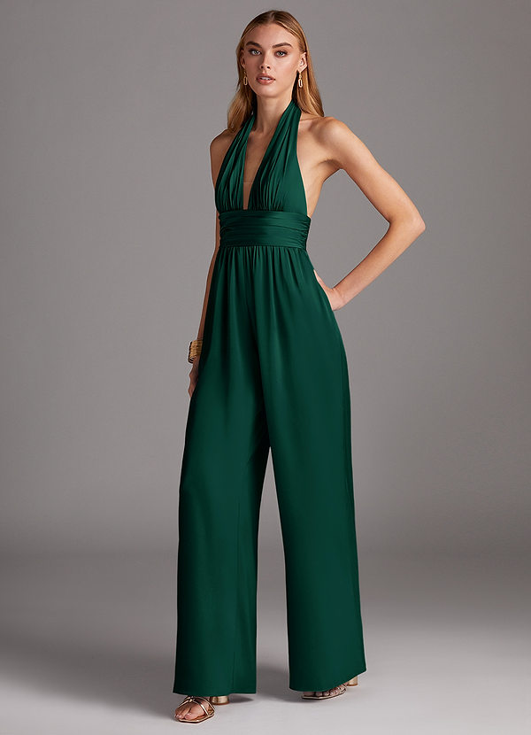 Azazie Oli Bridesmaid Dresses Emerald Pleated Stretch Satin Jumpsuit image1