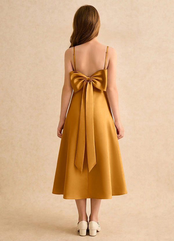 Azazie Jaella Girls Formal Blomsterpigekjoler A-Line Plisseret Mat satin Te-længde Kjole image1