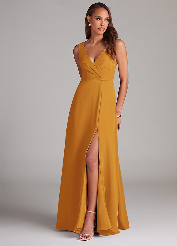 Azazie Nelly Bridesmaid Dresses Butterscotch A-Line Pleated Chiffon Dress image1