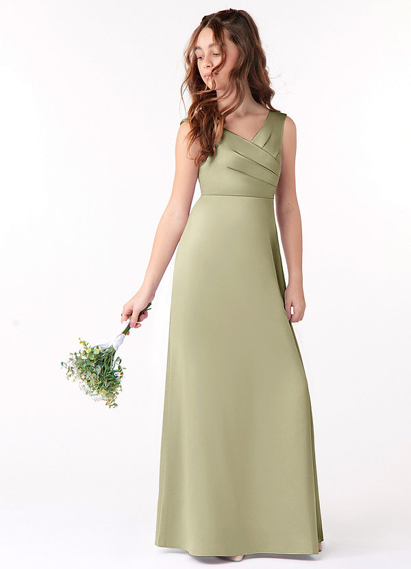 Azazie Sadia Junior Pistachio A-Line Pleated Stretch Satin Dress image1