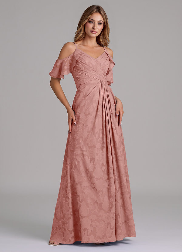 Azazie Dakota Bridesmaid Dresses Rosette A-Line Off the Shoulder Floral Burnout Dress image1