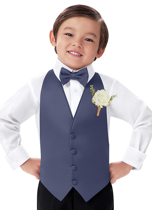 front Conjunto de chaleco, pajarita y boutonniere de satén mate para niño