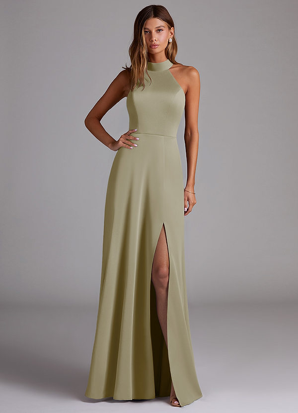 Azazie Myra Bridesmaid Dresses Moss Green A-Line High Neck Stretch Satin Dress image1