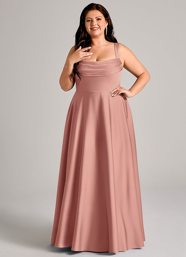 Azazie Shaude Bruidsmeisjes Jurken Jurk van Stretch Satijn met A-Lijn Geplooid Rozet image1