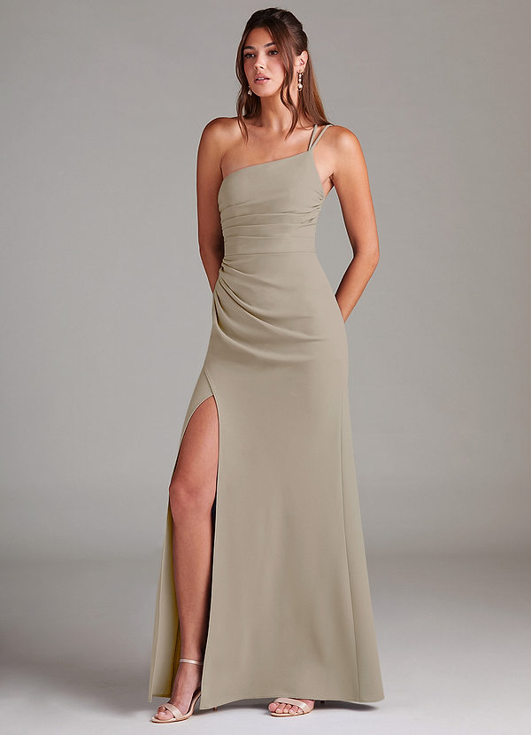 Azazie Eren Bridesmaid Dresses Taupe Sheath One Shoulder Stretch Crepe Dress image1