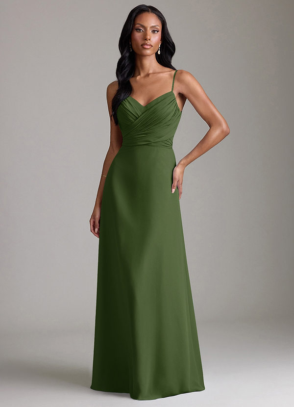 Azazie Kali Bridesmaid Dresses Olive A-Line Pleated Chiffon Dress image1