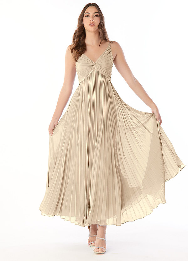 Azazie Raychelle Bridesmaid Dresses Champagne A-Line V-Neck Chiffon Dress image1