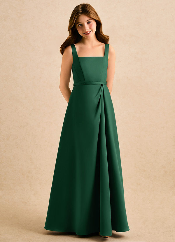 Azazie Emiko Girls Formal Abiti da Damigella Bambina Abito A-Line in Raso Opaco Plissettato Verde Scuro image1