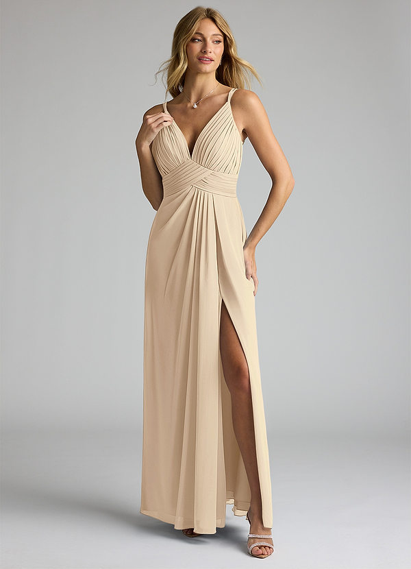 Azazie Maren Allure Brautjungfernkleider A-Linie V-Hals Spitze Chiffon Kleid Champagner image1