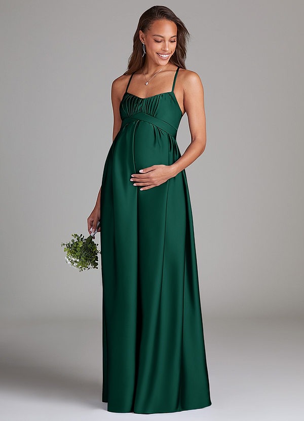 Azazie Llana Maternity Bridesmaid Dresses A-Line Stretch Satin Floor-Length Dress with Pockets image1