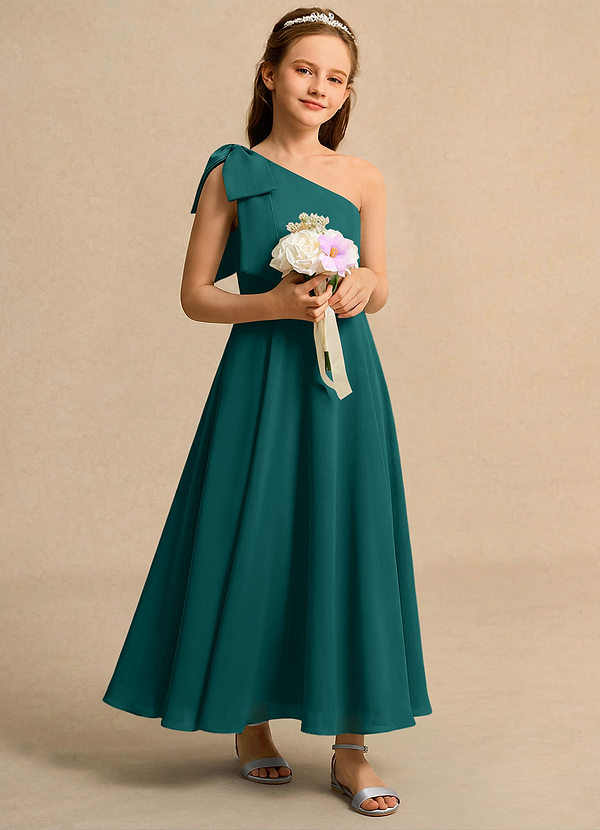 Azazie Guppy Girls Formal Blumenkinder Kleider A-Linie One-Shoulder Chiffon Kleid Pfau image1