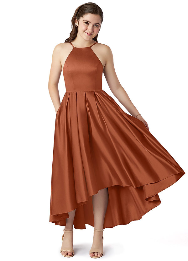 Azazie Jemima Junior Cedar Rose A-Line with Pockets Stretch Satin Dress image1